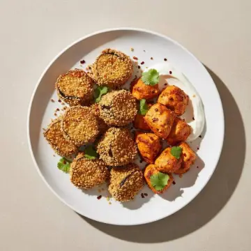 Bombay Crusted Aubergine Nuggets with Tikka Chicken