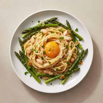 Butter Bean Carbonara with Garlicky Asparagus